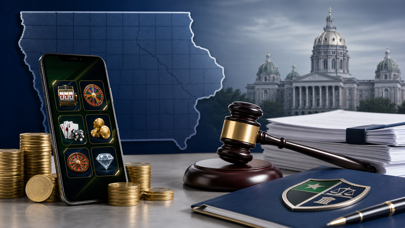 Editorial illustration of Iowa sweepstakes casino news with coins, mobile play, and regulatory documents